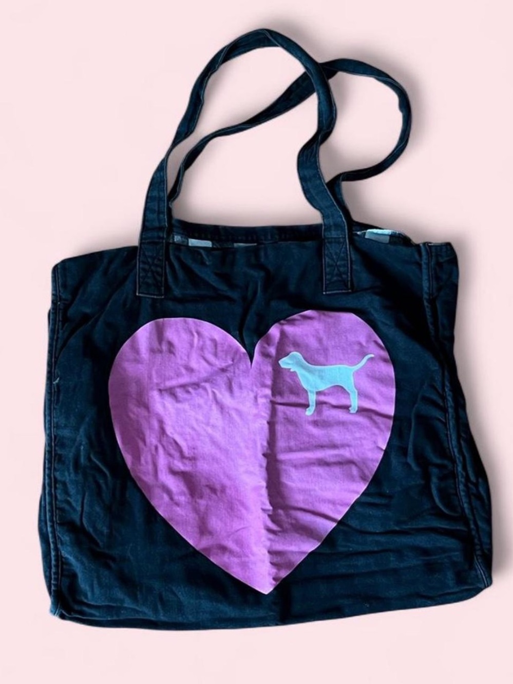 PINK Victoria's Secret Black Tote with Purple Heart & Teal Dog